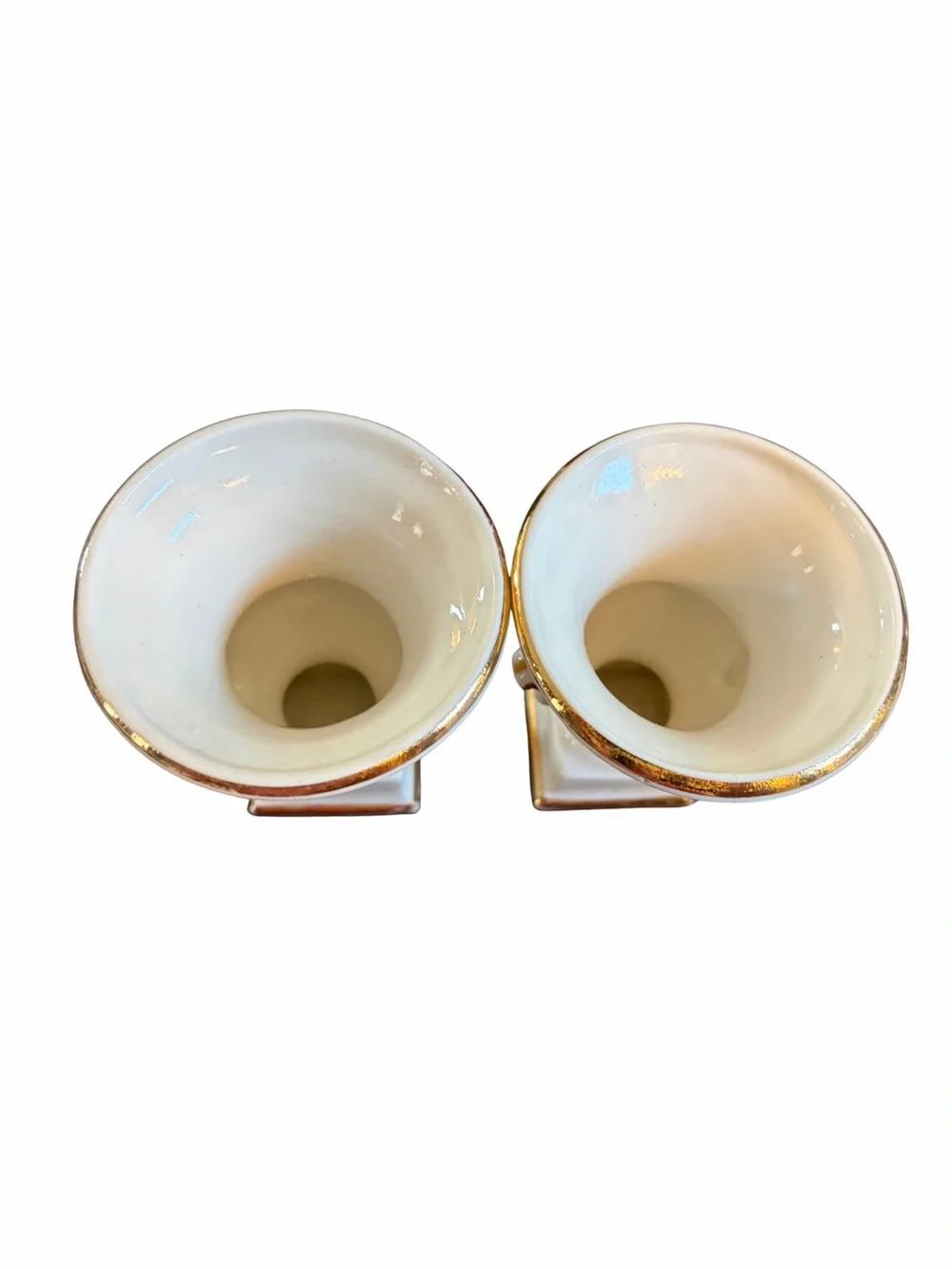 Vintage Double Handled Floral Urn Mantel Vase Pair Gold Trim